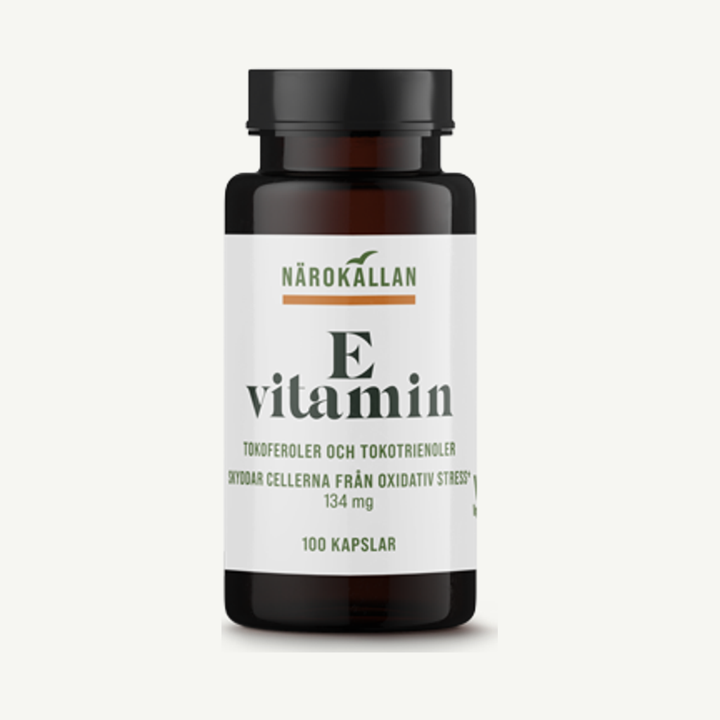 Förpackningen till Närokällan E-Vitamin 200IE 100 kapslar