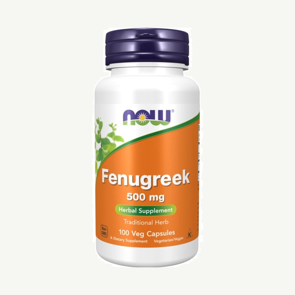 Förpackningen till NOW Fenugreek 500 mg 100 kapslar