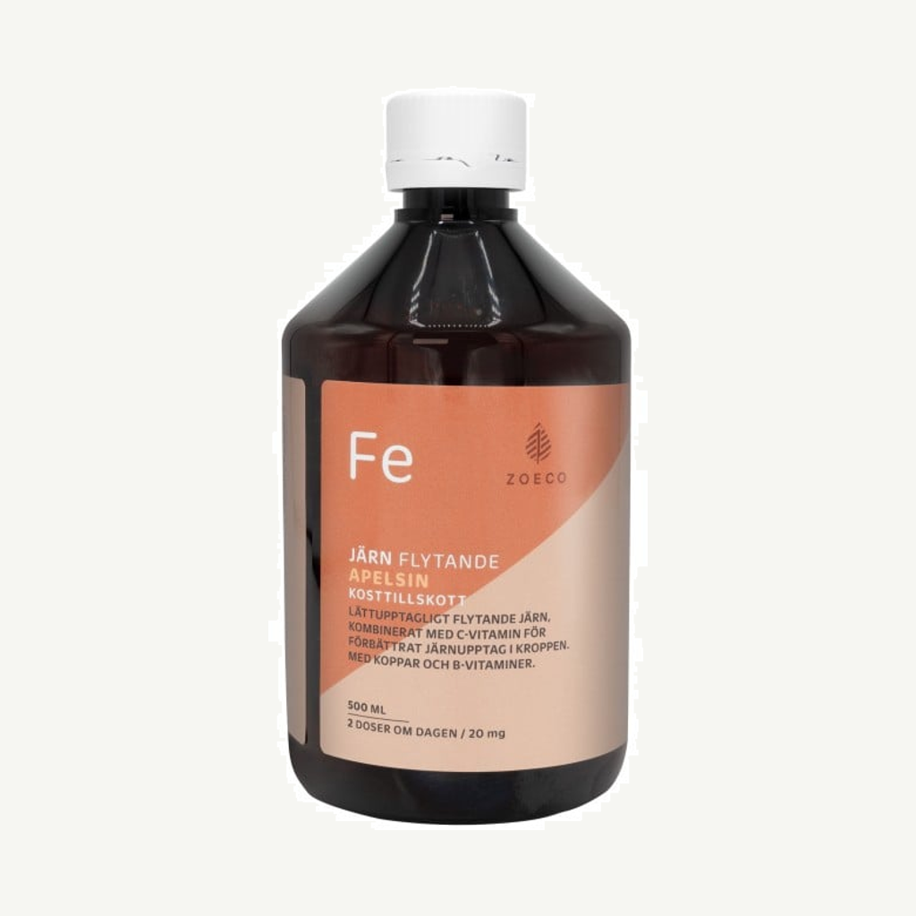Förpackningen till Zoeco Flytande Järn + Vitamin C 500 ml