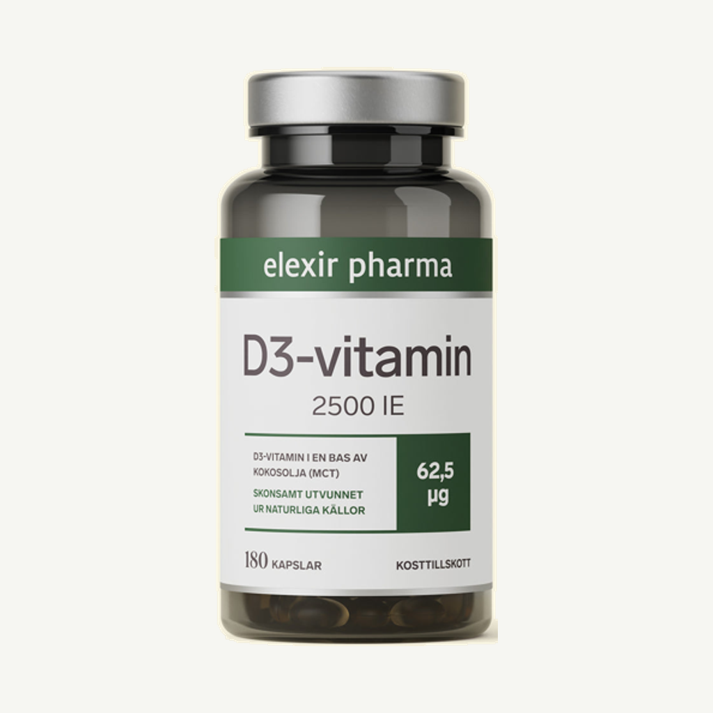 Förpackningen till D3-vitamin 2500 IE, 180 kapslar