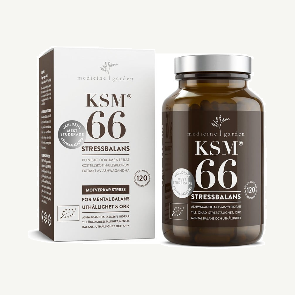 Förpackningen till MedicineGarden Ashwagandha KSM66 120 kapslar