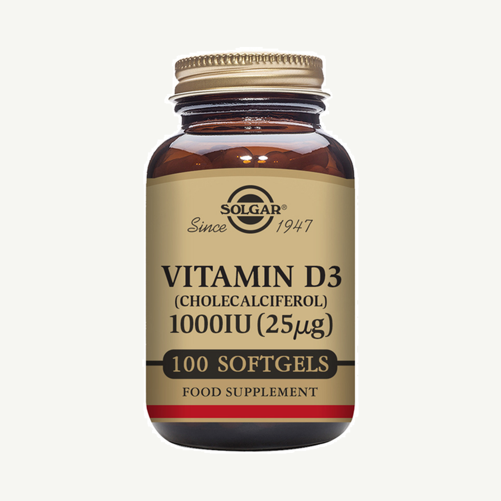 Förpackningen till SolgarVitamin D3 25 ug Kolekalciferol 100 kapslar