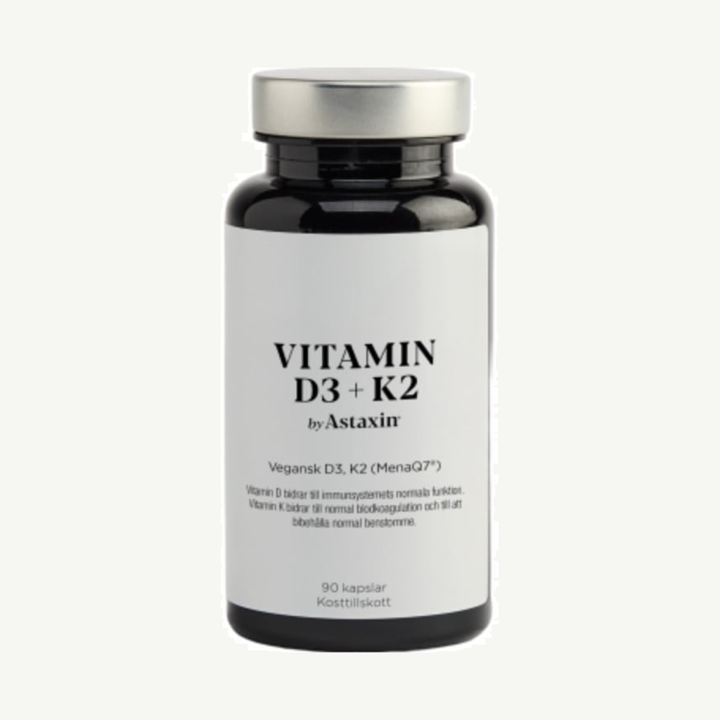 Förpackningen till Vitamin D3+K2 by Astaxin 90 kapslar