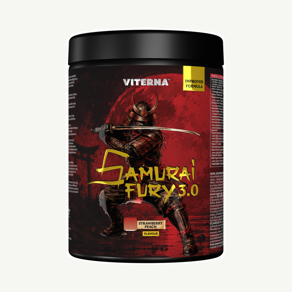 Förpackningen till Viterna Samurai Fury 3.0 Strawberry Peach 440 g