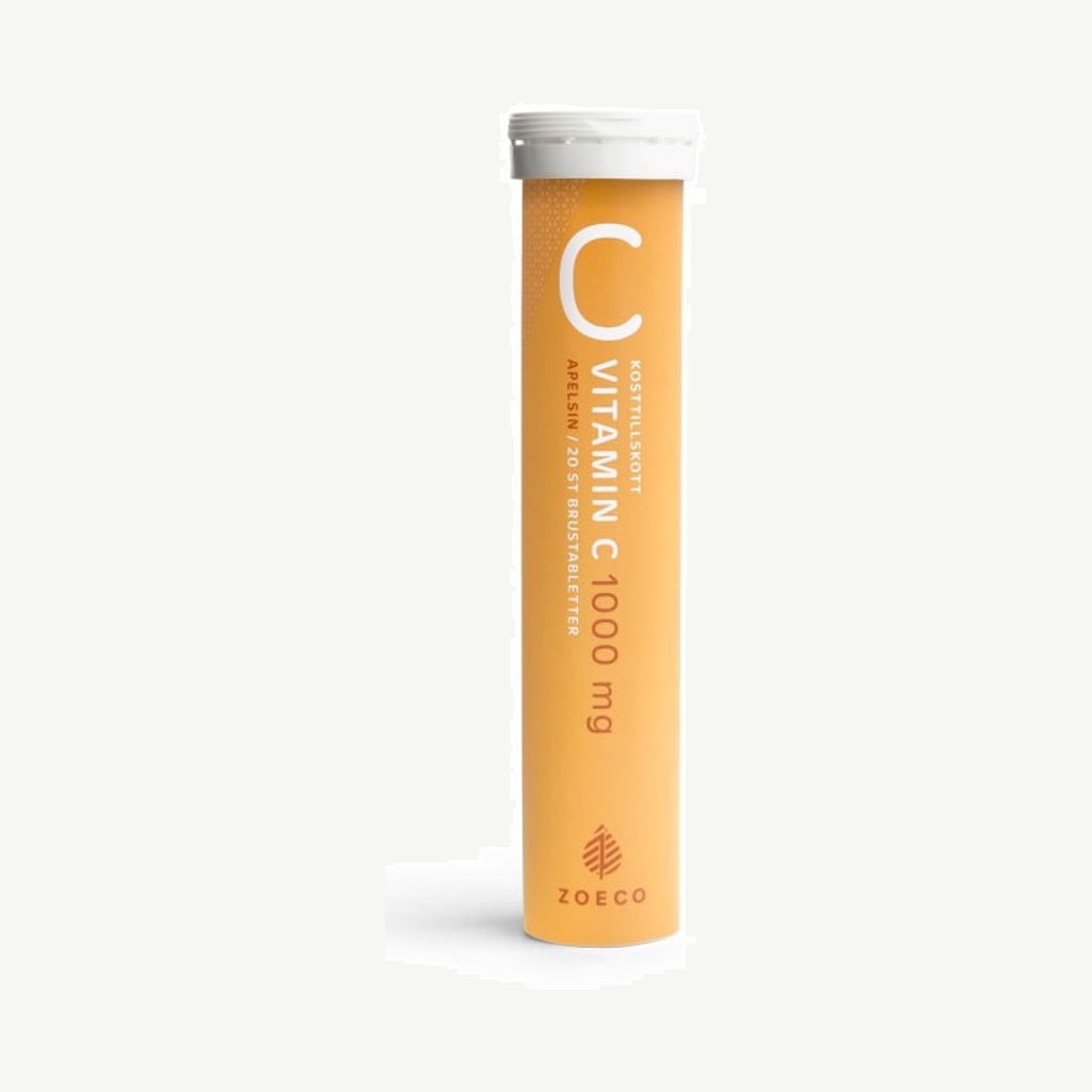 Förpackningen till Zoeco Vitamin C 1000 mg Apelsin 20 brustabletter