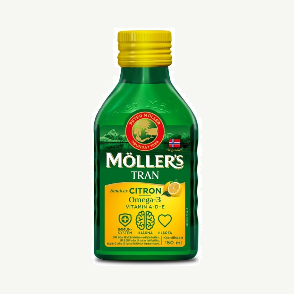 Förpackningen till Möllers Tran Citron 150 ml