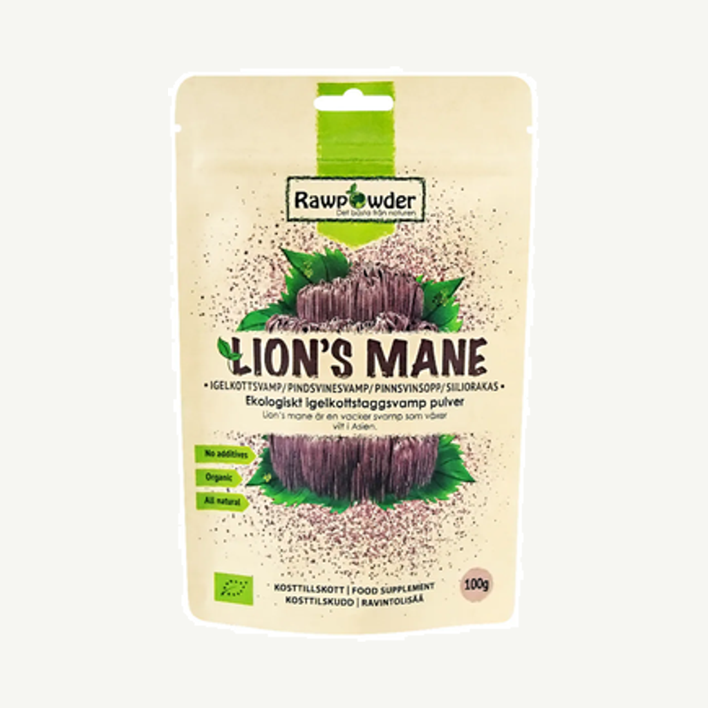 Förpackningen till Rawpowder Lions Mane 100 g