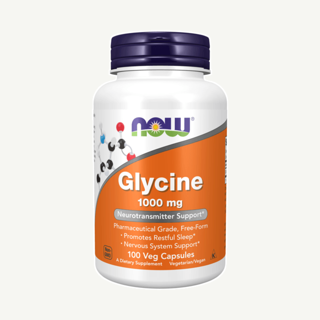 Förpackningen till NOW Glycine 1000mg 100 kapslar