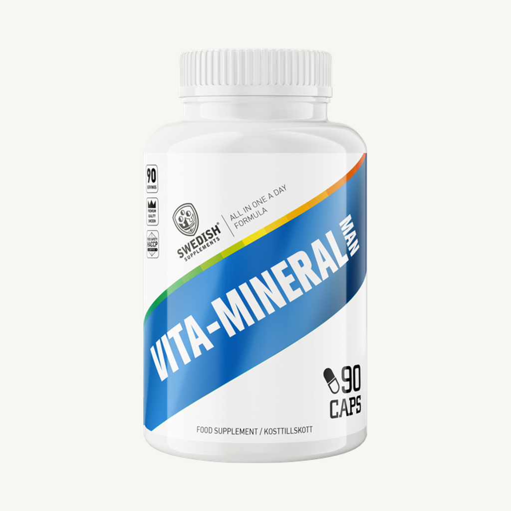 Förpackningen till Swedish Supplements Vita-Mineral Man 90 kapslar