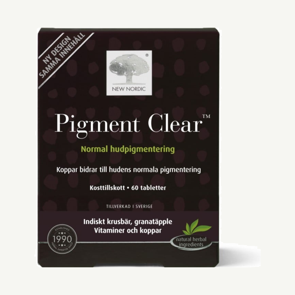 Förpackningen till New Nordic Pigment Clear 60 tabletter