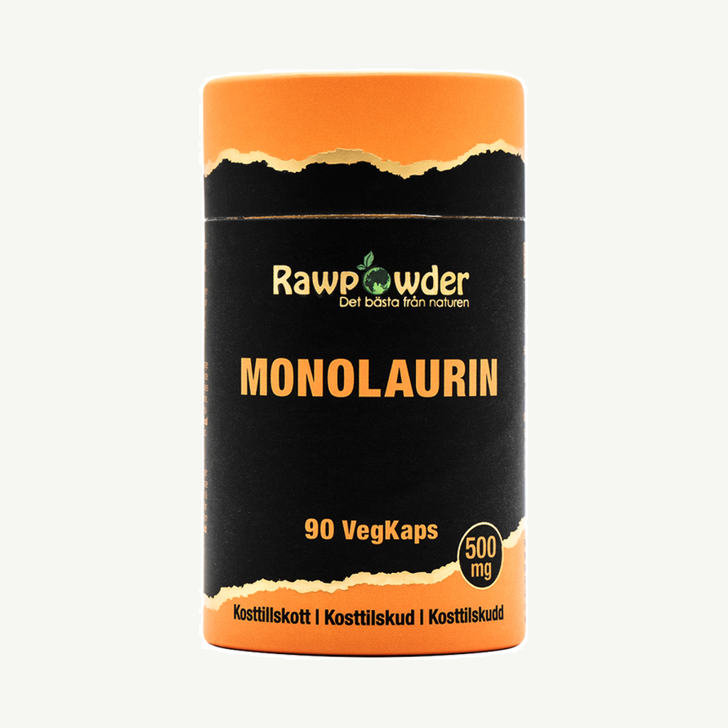 Förpackningen till Rawpowder Monolaurin 500 mg 90 kapslar