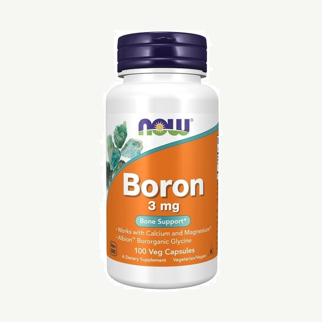 Förpackningen till NOW Boron 3 mg 100 kapslar