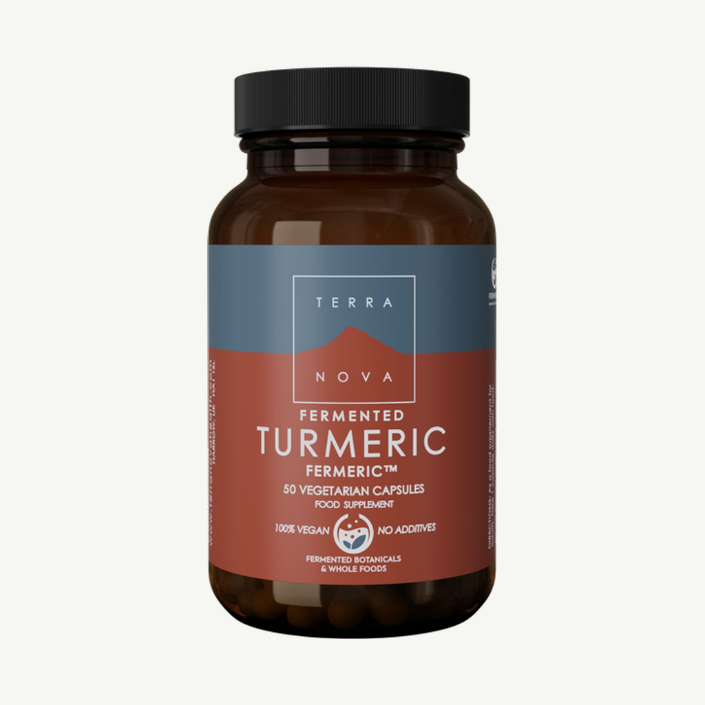 Förpackningen till Terranova Fermented Turmeric Fermeric 350 mg 50 kapslar