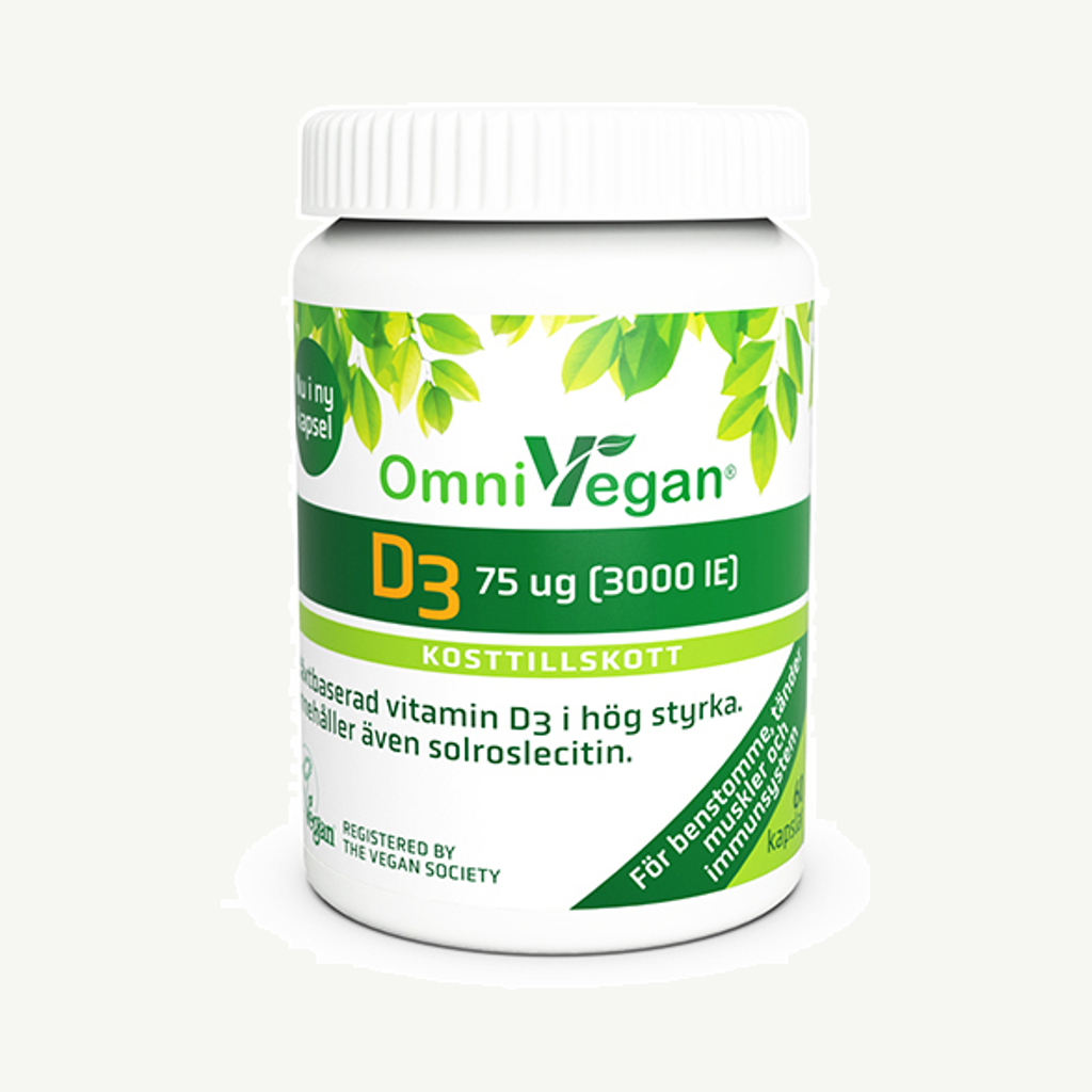Förpackningen till Omnisym Pharma OmniVegan D3 75 ug 60 kapslar