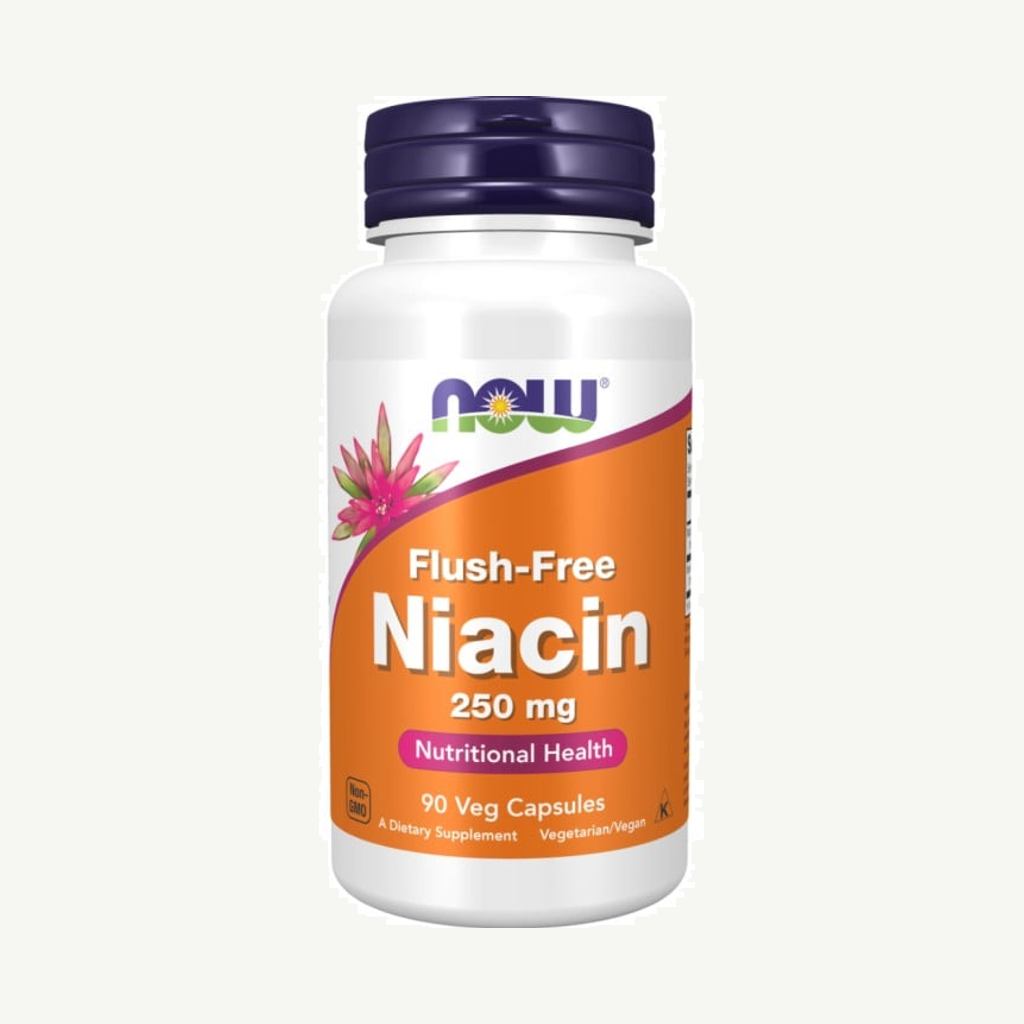 Förpackningen till NOW Niacin Flush-Free 250 mg 90 kapslar