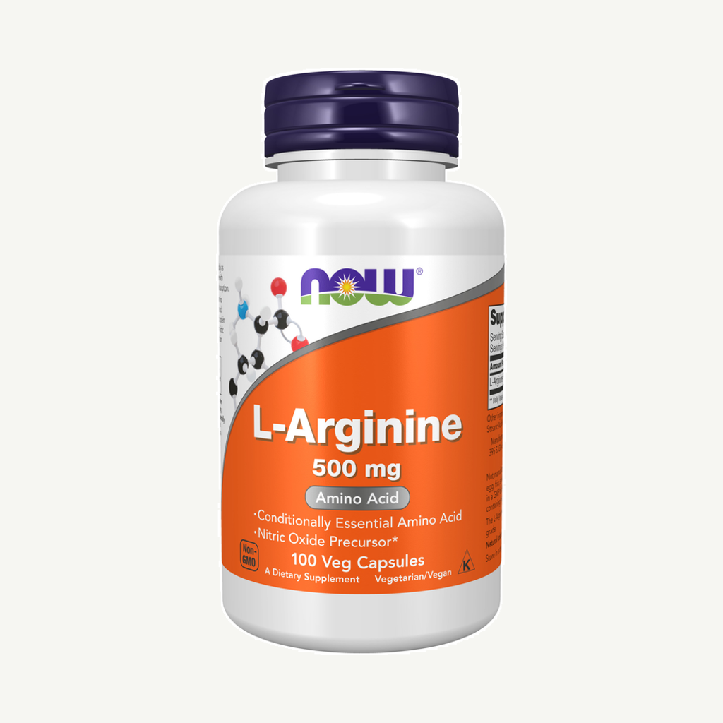 Förpackningen till NOW L-arginine 500 mg 100 kapslar