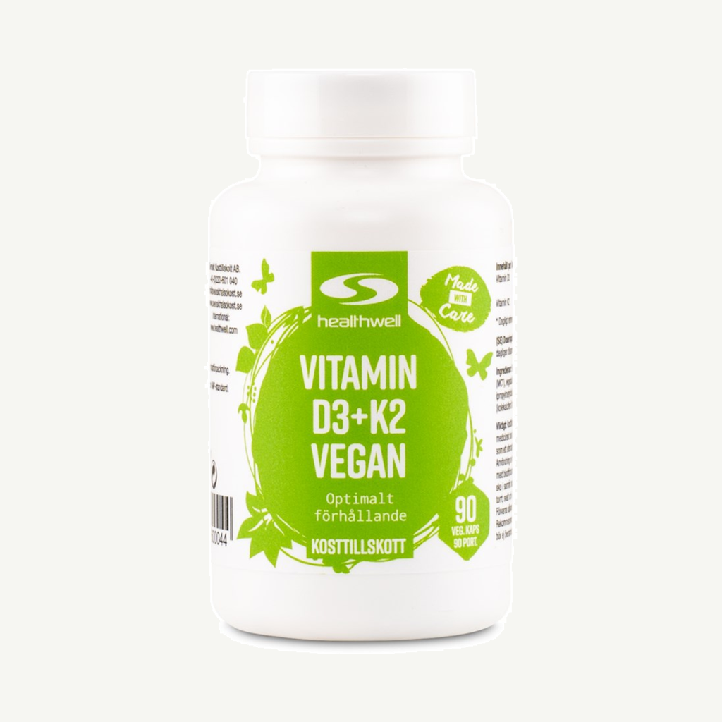 Förpackningen till Healthwell Vitamin D3+K2 Vegan