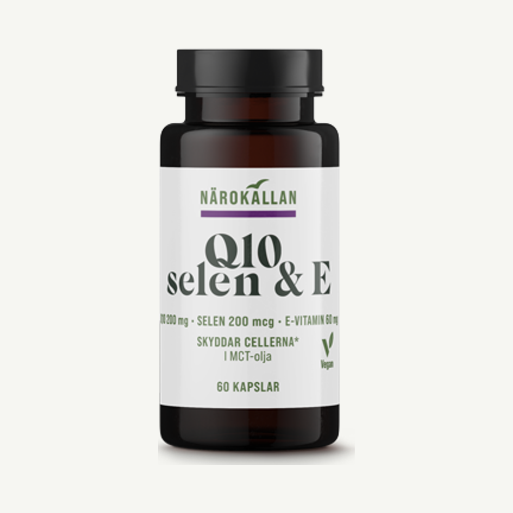 Förpackningen till Närokällan Q10 200 mg + Selen & E 60 kapslar