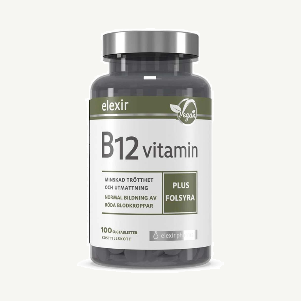 Förpackningen till Elexir Pharma B12 Vitamin 100 tabs